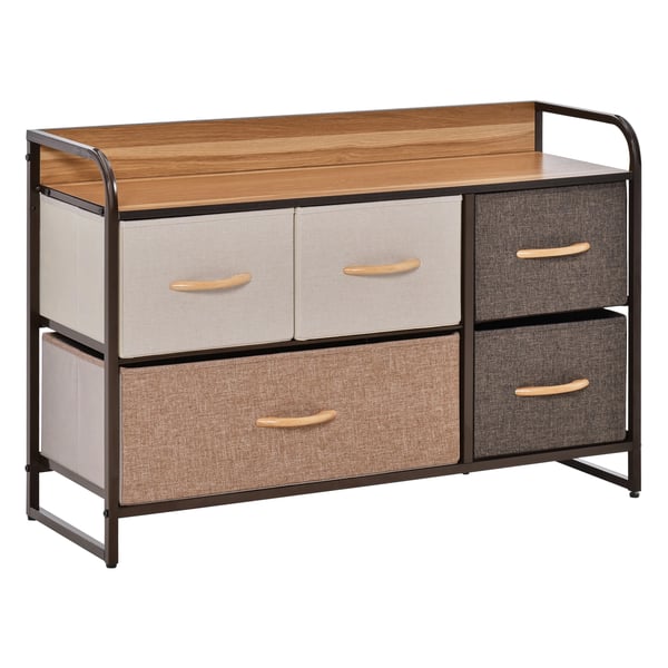 Byrå - Förvaringsbyrå - 5 vikbara tyglådor - Toppskiva i trä - Metallstomme - 87,5 × 29 × 58 cm - För kläder - Brun