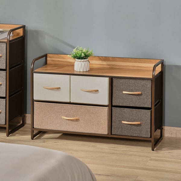 Byrå - Förvaringsbyrå - 5 vikbara tyglådor - Toppskiva i trä - Metallstomme - 87,5 × 29 × 58 cm - För kläder - Brun