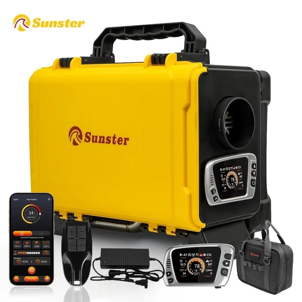 Diesel parkeringsvärmare - 8 kW portabel med förvaringsväska - 12V DC & 110–240V AC - Bluetooth-app, LCD & fjärr - 6 L tank - 20–25 m² - svart