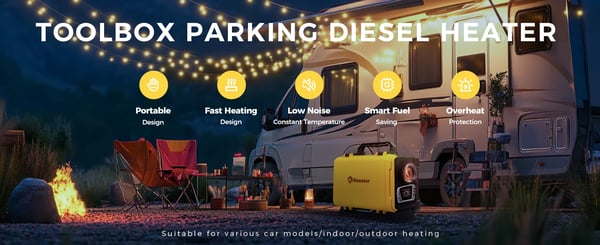 Diesel parkeringsvarmer - 8 kW bærbar med opbevaringstaske - 12V DC & 110–240V AC - Bluetooth app, LCD & fjernbetjening - 6 L tank - 20–25 m² - sort