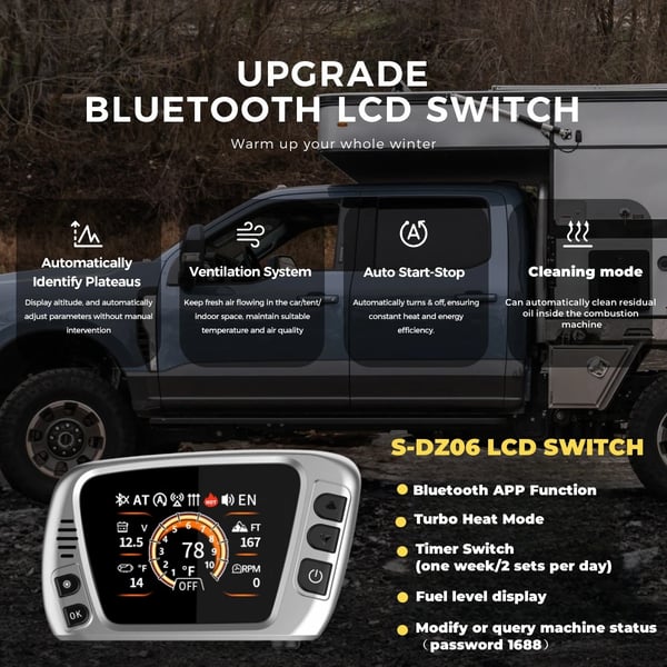 Diesel parkeringsvarmer - 8 kW bærbar med opbevaringstaske - 12V DC & 110–240V AC - Bluetooth app, LCD & fjernbetjening - 6 L tank - 20–25 m² - sort