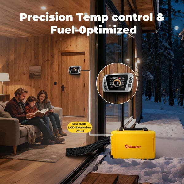 Diesel parkeringsvarmer - 8 kW bærbar med opbevaringstaske - 12V DC & 110–240V AC - Bluetooth app, LCD & fjernbetjening - 6 L tank - 20–25 m² - sort