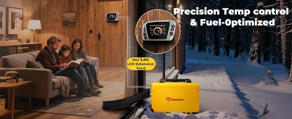 Diesel parkeringsvarmer - 8 kW bærbar med opbevaringstaske - 12V DC & 110–240V AC - Bluetooth app, LCD & fjernbetjening - 6 L tank - 20–25 m² - sort