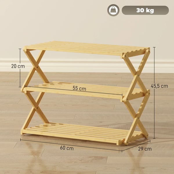 Skoställ i bambu - Smal skohylla - Mått 60 x 29 x 45,5 cm - För entré, hall, sovrum - Montering krävs - Ljusbrun