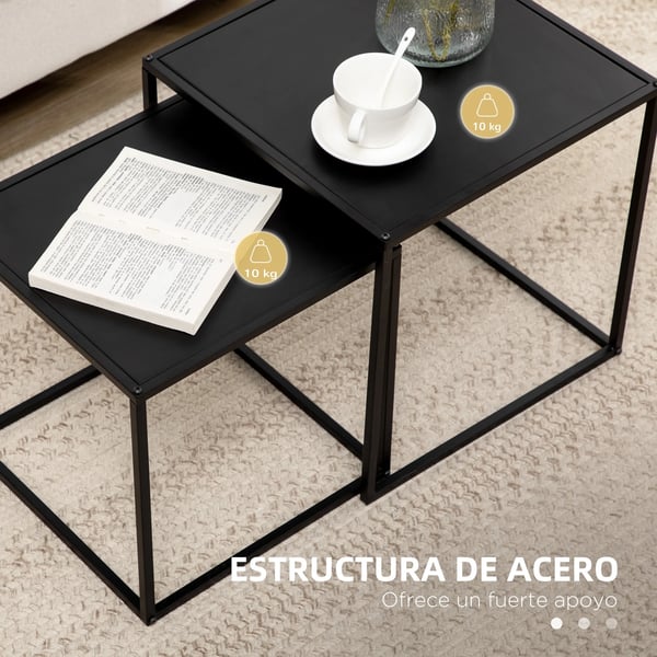 Set med 2 satsbord - Soffbord - Kvadratiska - Metall - 40 cm + 35 cm - Platsbesparande - Svart