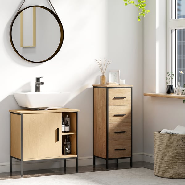 Badrumskommod - Skåp för pelartvättställ - Dörr & justerbar hylla - 60 x 30 x 59,5 cm - Melamin - Mörk khaki