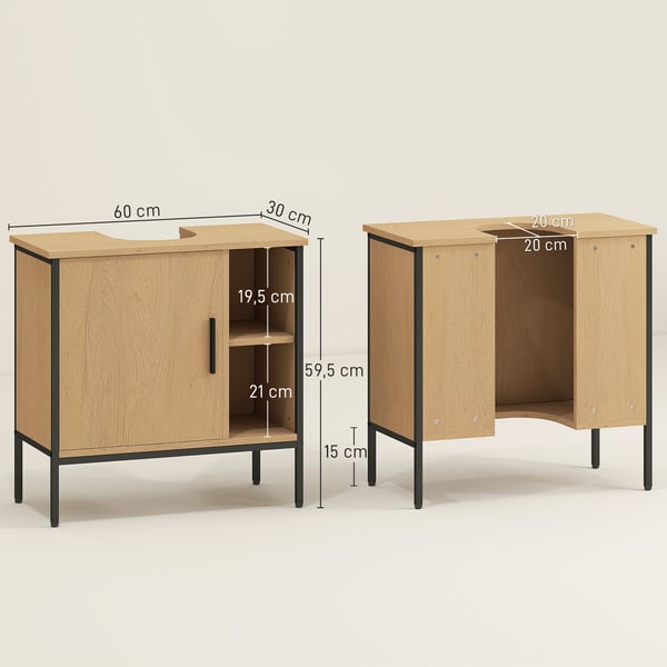 Badrumskommod - Skåp för pelartvättställ - Dörr & justerbar hylla - 60 x 30 x 59,5 cm - Melamin - Mörk khaki