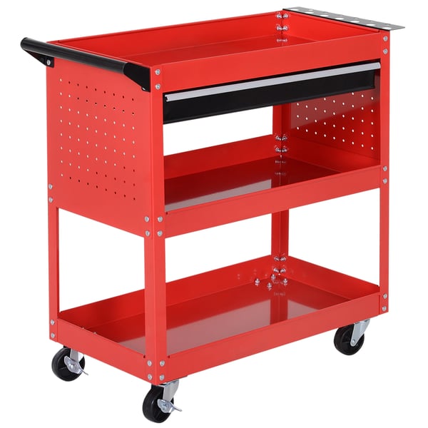Verktygsvagn - Verkstadsvagn - 3 hyllplan och låda - Hjul med broms - Sidhandtag - Perforerad sidopanel - 82×35×76 cm - Röd