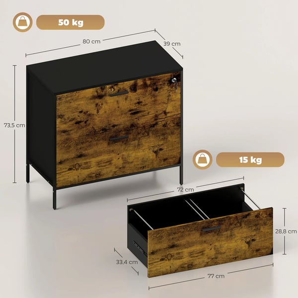 Industriellt arkivskåp - Hängmappsskåp - 2 Lådor - A4 Hängmappar - Med Lås - Montering Krävs - 80×39×73,5 cm - Brun