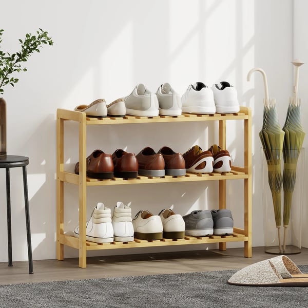 Skoställ i bambu - 3 våningar - Rymmer 9 par - 70 × 26 × 57,5 cm - För hall/entré - Ljusbrun