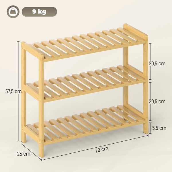 Skoställ i bambu - 3 våningar - Rymmer 9 par - 70 × 26 × 57,5 cm - För hall/entré - Ljusbrun