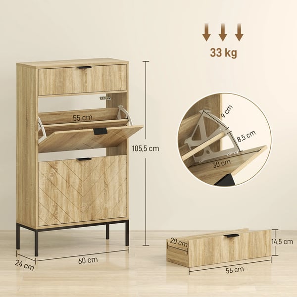 Skoskåp - Smalt med 2 dörrar och låda - Justerbara hyllor - Plats för 8 par skor - Trä - 60×24×105,5 cm - Brun