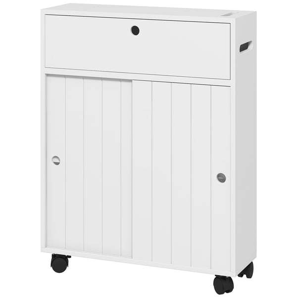 Badrumsskåp - Skåp på hjul - 4 hjul, 2 hål för toalettrulle, 2 skåp, justerbara hyllor, 52×17×67 cm - Vit