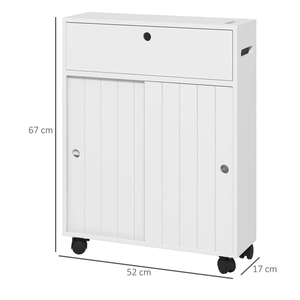 Badrumsskåp - Skåp på hjul - 4 hjul, 2 hål för toalettrulle, 2 skåp, justerbara hyllor, 52×17×67 cm - Vit