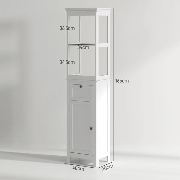 Badrumsskåp - Högskåp - Låda och Dörr - Justerbar Hylla - 2 Fack - 40×30×165 cm - Vit