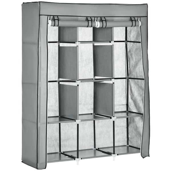 Hopfällbar tyggarderob - Portabel garderob - 8 hyllor, 2 klädstänger - 125×43×162,5 cm - Ljusgrå