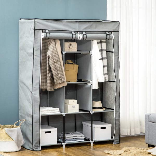 Hopfällbar tyggarderob - Portabel garderob - 8 hyllor, 2 klädstänger - 125×43×162,5 cm - Ljusgrå