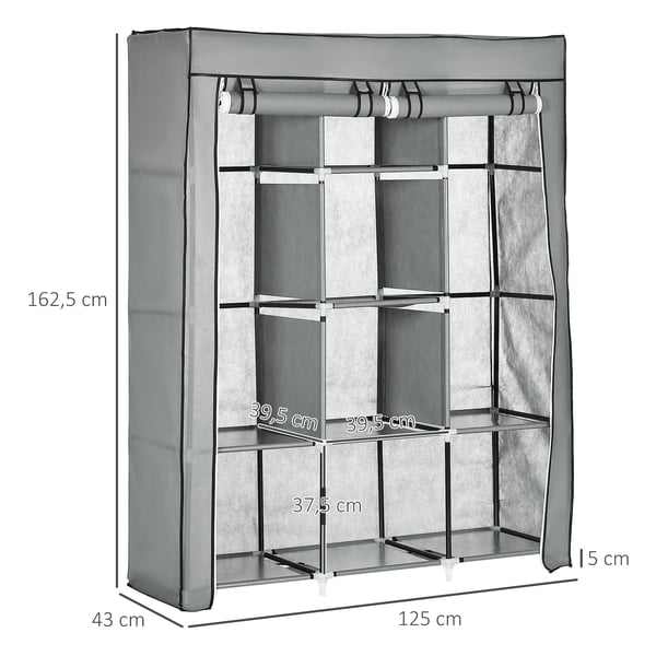 Hopfällbar tyggarderob - Portabel garderob - 8 hyllor, 2 klädstänger - 125×43×162,5 cm - Ljusgrå