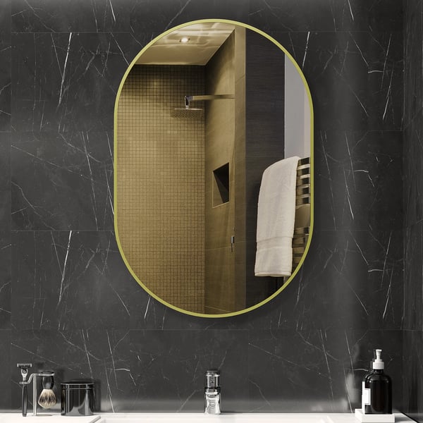 Oval Spegel - Väggspegel - Aluminiumram - Vertikal eller Horisontell Upphängning - Dekorativ för Badrum/Vardagsrum - Ljusgul