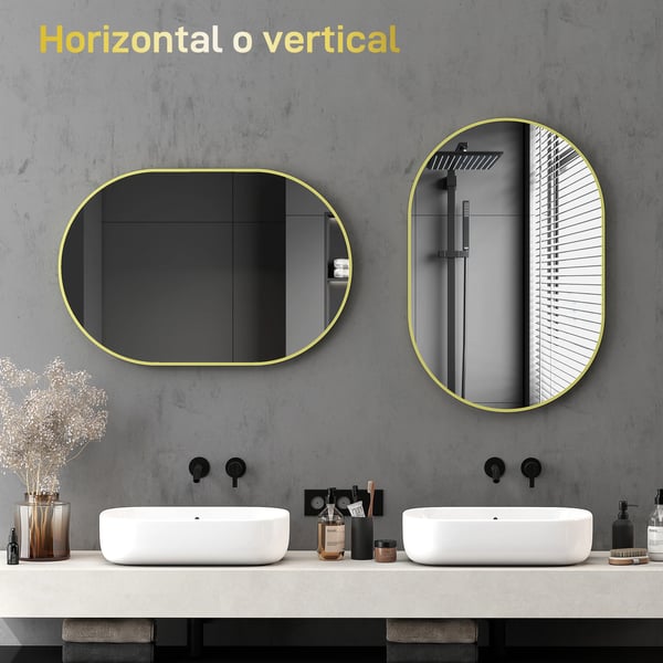 Oval Spegel - Väggspegel - Aluminiumram - Vertikal eller Horisontell Upphängning - Dekorativ för Badrum/Vardagsrum - Ljusgul