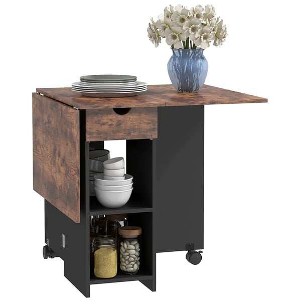 Fällbart köksbord på hjul - Matbord - Fällbara klaffar, Låda och hyllor, För 2–4 personer, 120×72×75 cm - Brun
