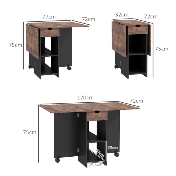 Fällbart köksbord på hjul - Matbord - Fällbara klaffar, Låda och hyllor, För 2–4 personer, 120×72×75 cm - Brun