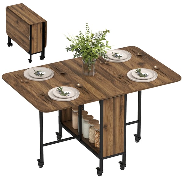 Fällbart köks- och matbord - Klaffbord på hjul - 130×80×74 cm - Hopfällbara klaffar - Med hylla - För kök/vardagsrum - Khaki