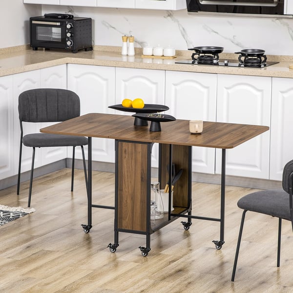 Fällbart köks- och matbord - Klaffbord på hjul - 130×80×74 cm - Hopfällbara klaffar - Med hylla - För kök/vardagsrum - Khaki