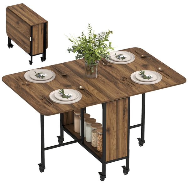 Fällbart köks- och matbord - Klaffbord på hjul - 130×80×74 cm - Hopfällbara klaffar - Med hylla - För kök/vardagsrum - Khaki