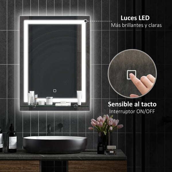 Badrumsspegel - LED-spegel - 50×70 cm - 3 Färgtemperaturer - Glashylla - Minnesfunktion - Touch-strömbrytare - Klar
