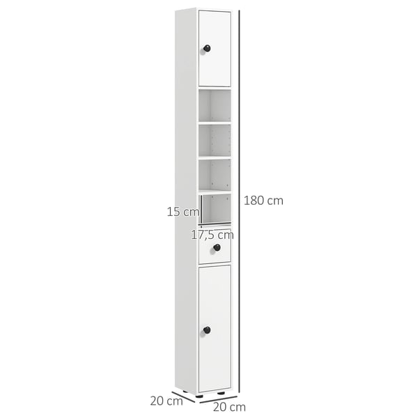 Badrumsskåp - Smalt Högskåp - 1 Låda - 5 Hyllor - 2 Skåp - Mått 20×20×180 cm - Max 30 kg - Vit