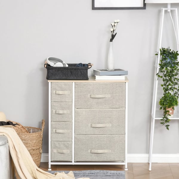 Byrå - Förvaring med 7 tyglådor - Träram - 63,5×30×71 cm - Sovrum/Vardagsrum/Hall - Grå