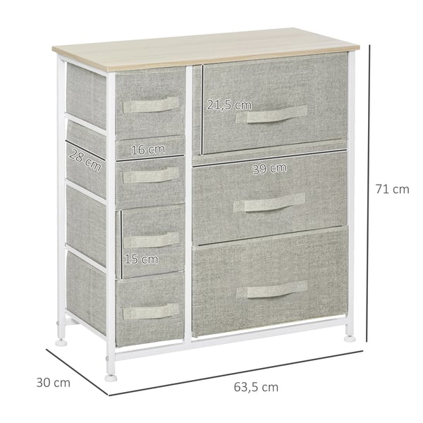 Byrå - Förvaring med 7 tyglådor - Träram - 63,5×30×71 cm - Sovrum/Vardagsrum/Hall - Grå