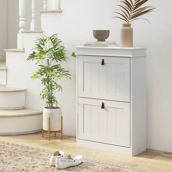 Skoskåp - Smal hallmöbel - 2 fällbara dörrar - Justerbara hyllor - För 10 par skor - 54 x 24 x 82,5 cm - Vit