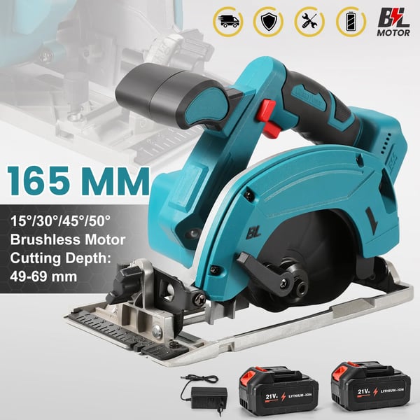 Akkukäyttöinen Pyörösaha - 18 V Harjaton - 165 mm Terä - Viistoleikkaus - 2× Akut Mukana - Tummankeltainen