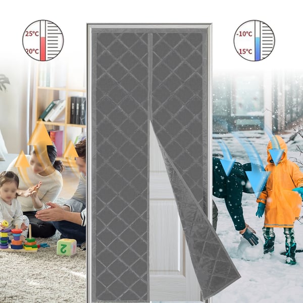 Magnetisk termoisoleret dørgardin - Isoleringsforhæng - 85×205 cm, PVC-plast, Montering i dørkarm, Året rundt - Grå