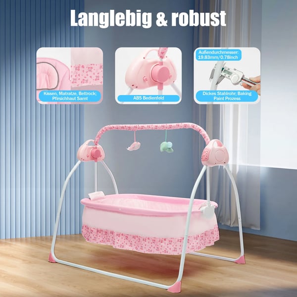 Sähköinen vauvankehto - Automaattikeinu - Ikä 0–18 Kuukautta - Enintään 25 kg - 5 Nopeutta - Kauko-ohjain 5 m - Patja 2 cm - Vaaleanpunainen