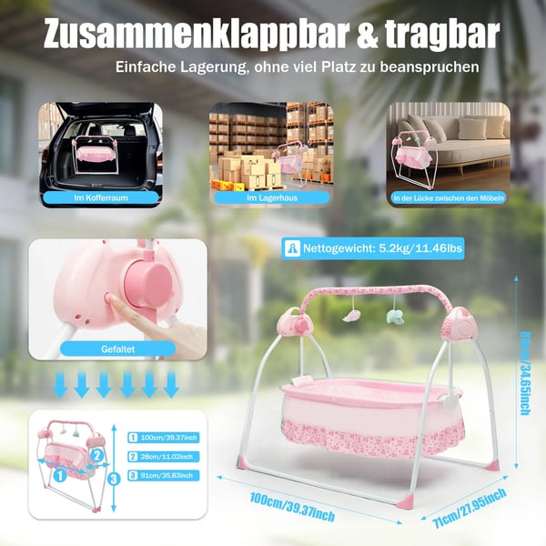 Sähköinen vauvankehto - Automaattikeinu - Ikä 0–18 Kuukautta - Enintään 25 kg - 5 Nopeutta - Kauko-ohjain 5 m - Patja 2 cm - Vaaleanpunainen