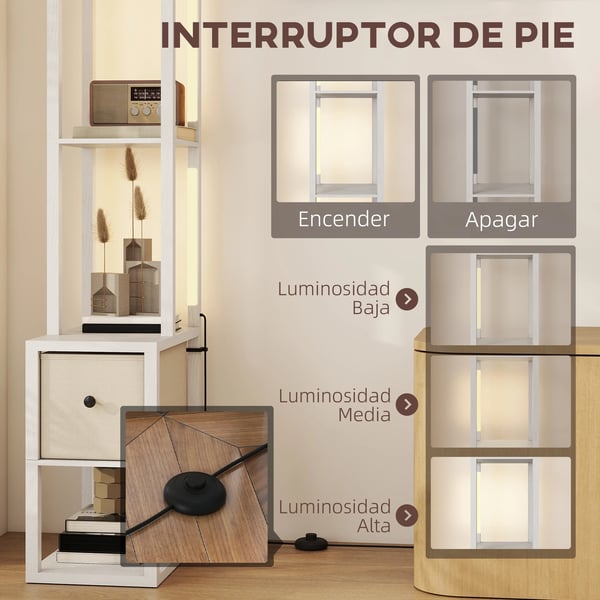 Golvlampa - B31-551V90Wt - Med öppna hyllor och tyglåda - LED ingår 11–15 W - Dimbar touchströmbrytare - Up/Down-ljus - Vit
