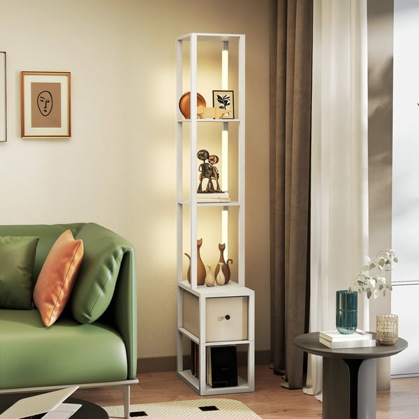 Golvlampa - B31-551V90Wt - Med öppna hyllor och tyglåda - LED ingår 11–15 W - Dimbar touchströmbrytare - Up/Down-ljus - Vit