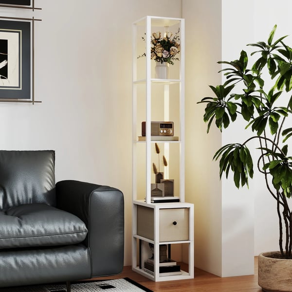 Golvlampa - B31-551V90Wt - Med öppna hyllor och tyglåda - LED ingår 11–15 W - Dimbar touchströmbrytare - Up/Down-ljus - Vit
