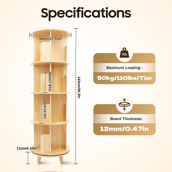 Roterbar bogreol - Cylindrisk gulvmodel - 4 Niveauer - 360° Rotation - Massivt fyrretræ - Hyldehøjde 31 cm - 50 kg pr. hylde