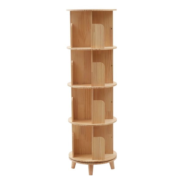 Roterbar bogreol - Cylindrisk gulvmodel - 4 Niveauer - 360° Rotation - Massivt fyrretræ - Hyldehøjde 31 cm - 50 kg pr. hylde