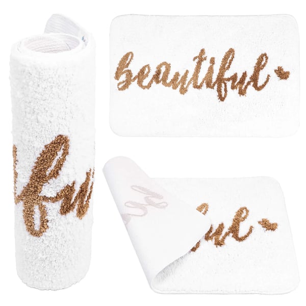 Bademåtte - Skridsikker bademåtte 80x50 cm - Blød - Absorberende - 100% polyester - Maskinfremstillet - Bogstavmønster - Moderne stil - Hvid