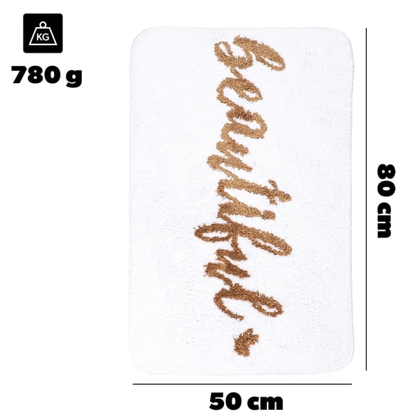 Bademåtte - Skridsikker bademåtte 80x50 cm - Blød - Absorberende - 100% polyester - Maskinfremstillet - Bogstavmønster - Moderne stil - Hvid