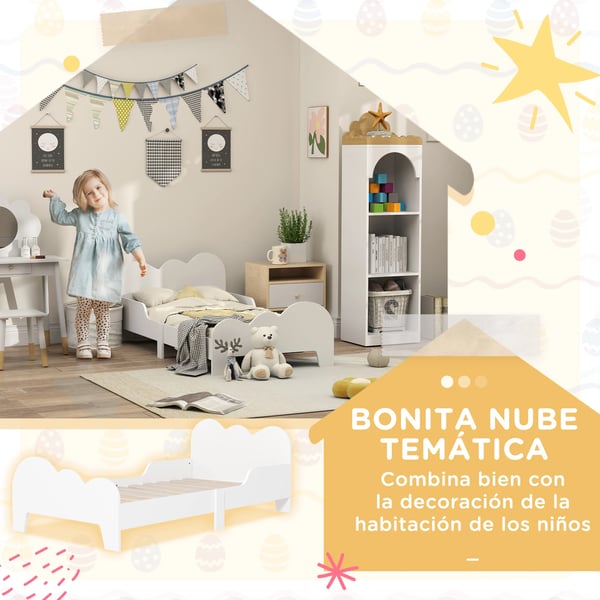 Barnsäng - Sängram - Molntema - Med Sängskydd - MDF - Mått 143,5×74,5×56 cm - Från 3 år - Vit