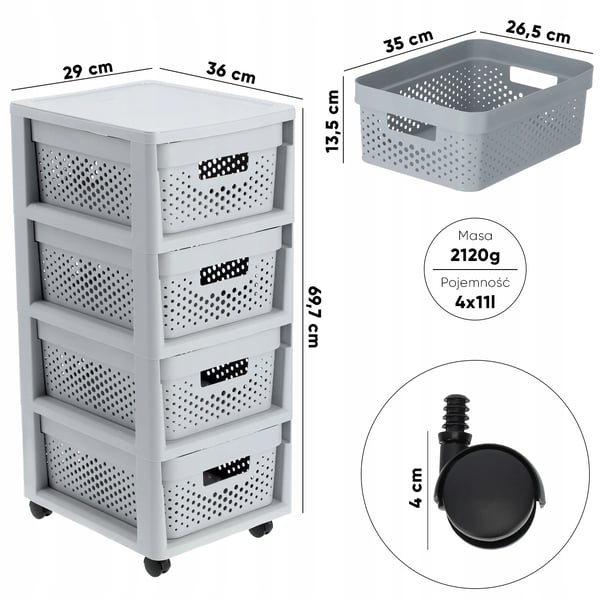 Opbevaringstårn - Skuffemodul med 4 skuffer - Kapacitet 4×11 l (44 l) - Plast - Fritstående