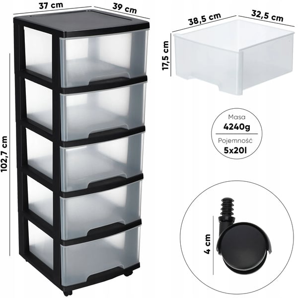 Rullekommode - Skuffetårn på hjul - 5 skuffer - 20 L kapacitet - Fritstående - Plast