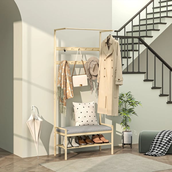 Hallmöbel - Klädhängare med bänk och skoförvaring - Krokar - Förvaringsfack - För entré - 73,5×34×171 cm - Kaffebrun
