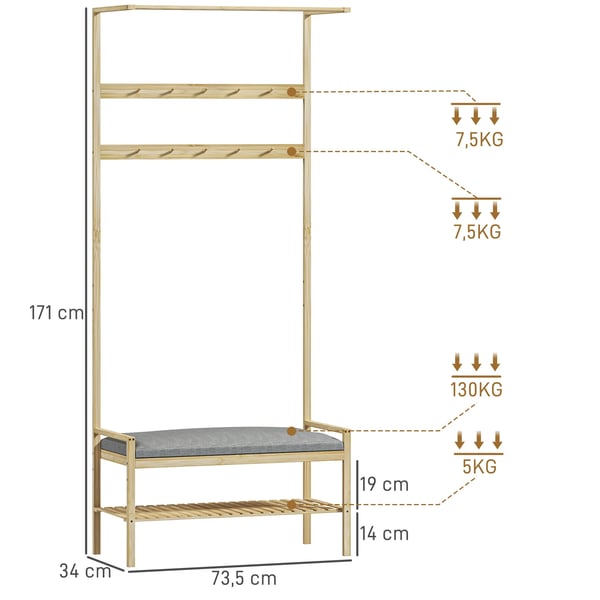 Hallmöbel - Klädhängare med bänk och skoförvaring - Krokar - Förvaringsfack - För entré - 73,5×34×171 cm - Kaffebrun